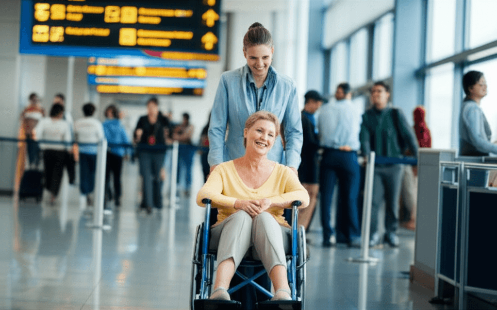Caregiver helping elderly person with walker for mobility assistance