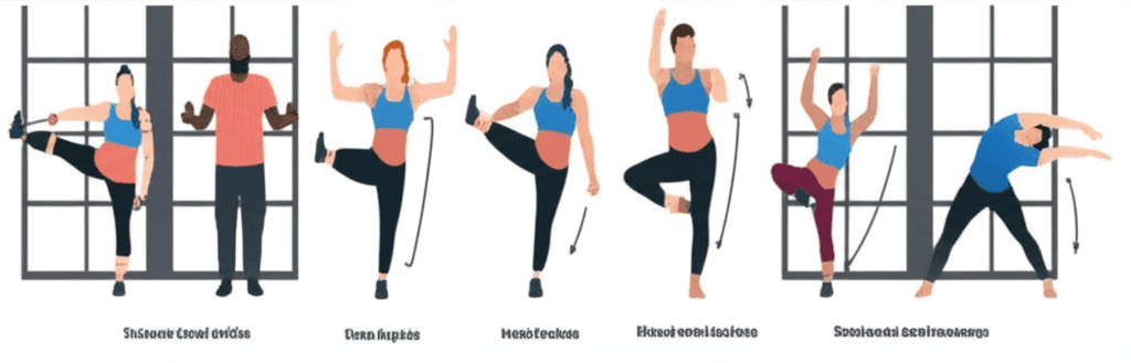 Senior performing gentle mobility exercises with caregiver assistance